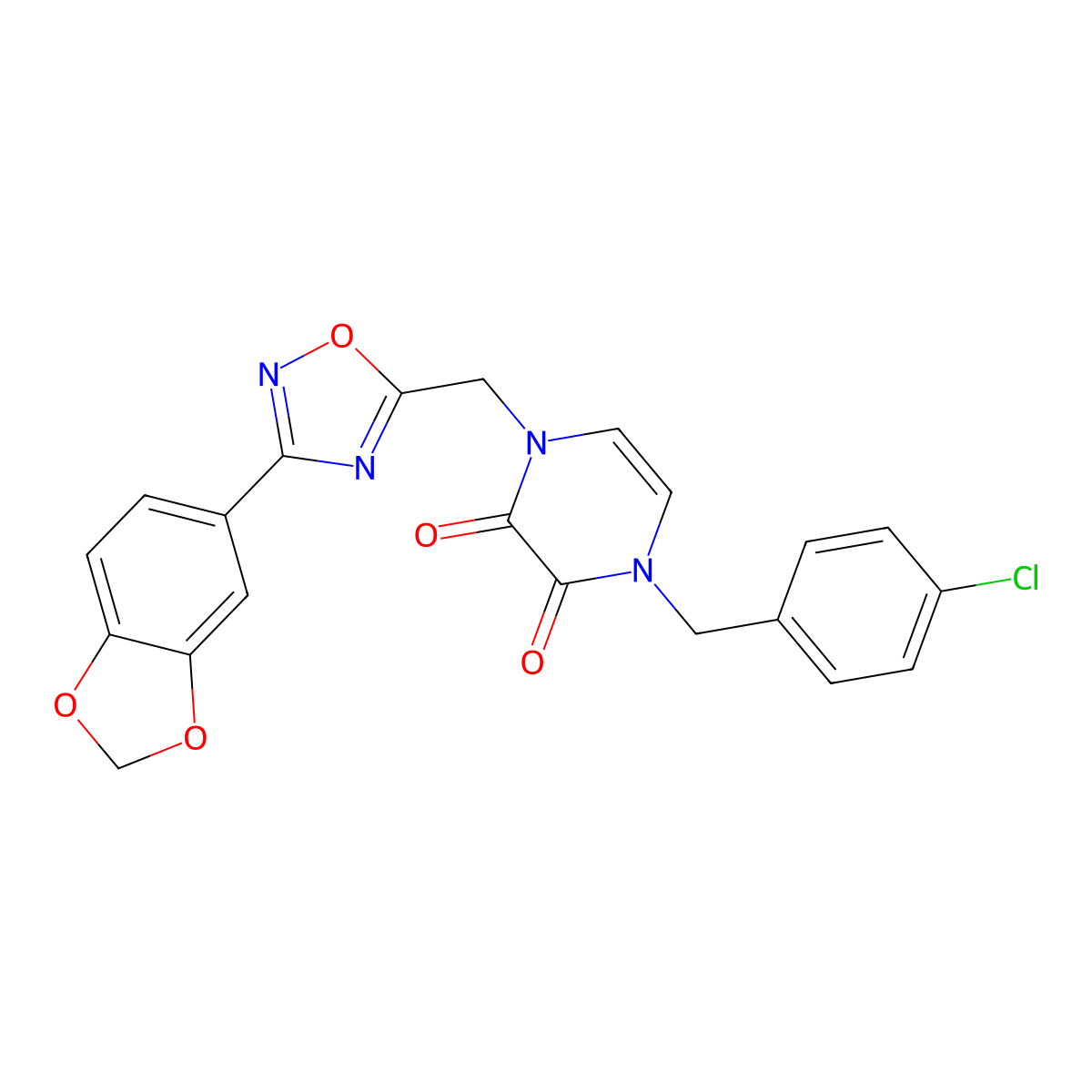 1-((3-(benzo[d][1,3]dioxol-5-yl)-1,2,4-oxadiazol-5-yl)methyl)-4-(4-chlorobenzyl)pyrazine-2,3(1H,4H)-dione molecular structure, CAS 1251698-15-3