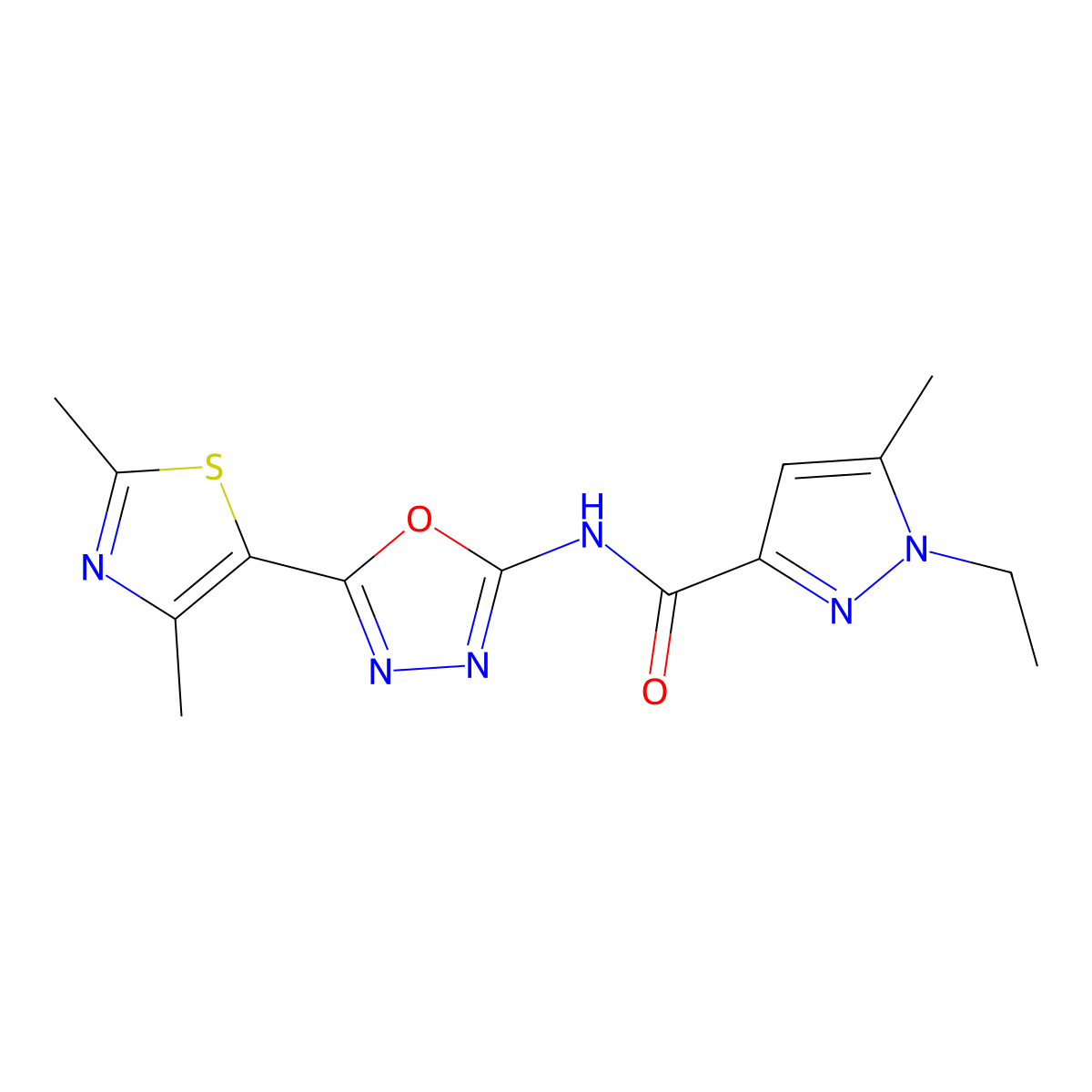 N-(5-(2,4-dimethylthiazol-5-yl)-1,3,4-oxadiazol-2-yl)-1-ethyl-5-methyl-1H-pyrazole-3-carboxamide molecular structure, CAS 1251698-36-8