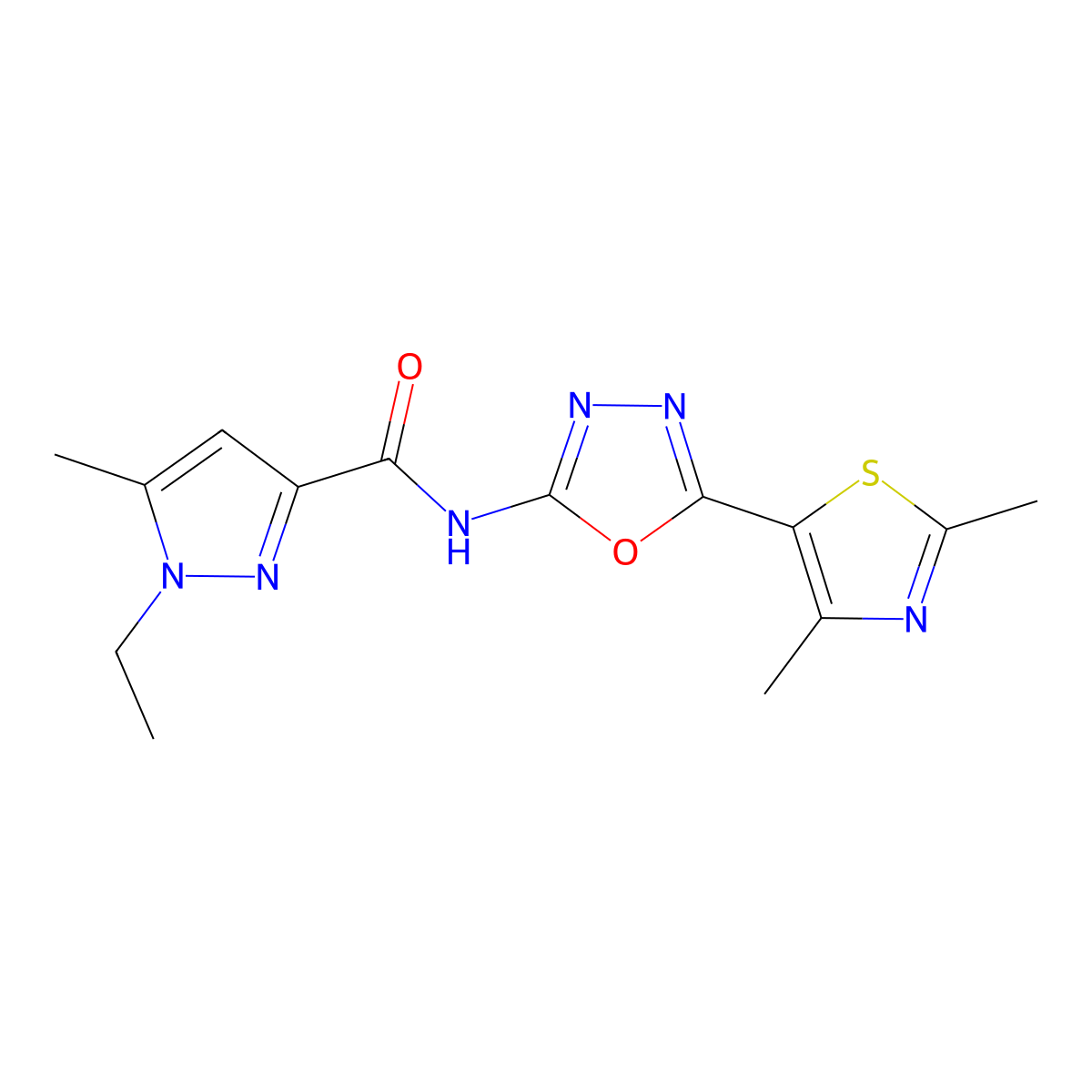 N-(5-(2,4-dimethylthiazol-5-yl)-1,3,4-oxadiazol-2-yl)-1-ethyl-5-methyl-1H-pyrazole-3-carboxamide molecular structure, CAS 1251698-36-8