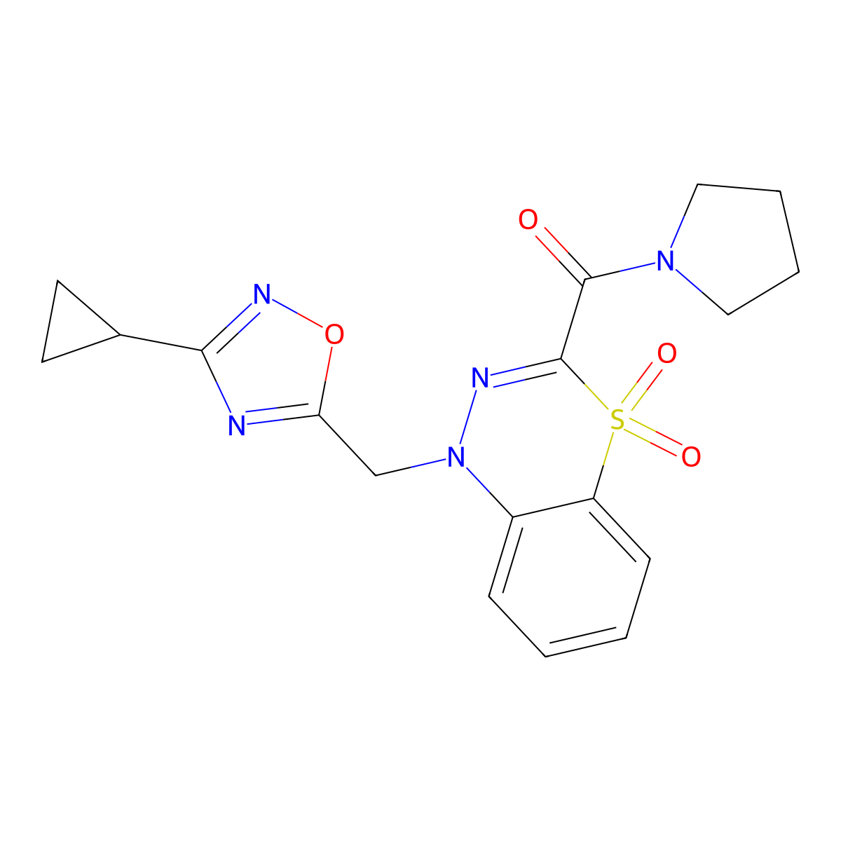 (1-((3-cyclopropyl-1,2,4-oxadiazol-5-yl)methyl)-4,4-dioxido-1H-benzo[e][1,3,4]thiadiazin-3-yl)(pyrrolidin-1-yl)methanone molecular structure, CAS 1251698-42-6