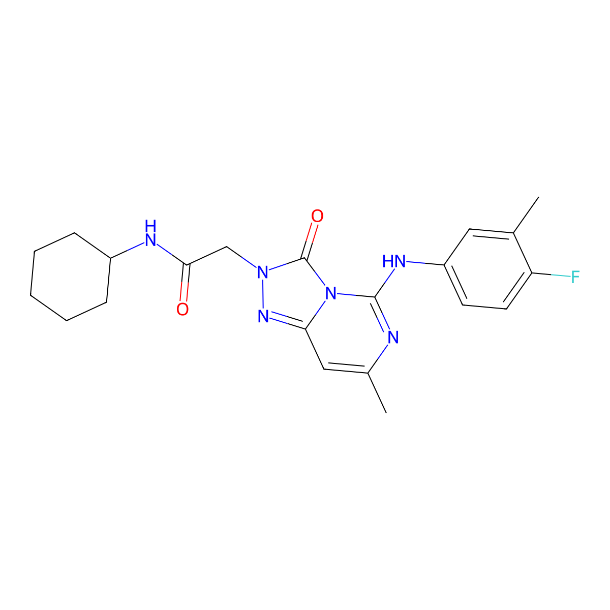 N-cyclohexyl-2-{5-[(4-fluoro-3-methylphenyl)amino]-7-methyl-3-oxo-2H,3H-[1,2,4]triazolo[4,3-c]pyrimidin-2-yl}acetamide molecular structure, CAS 1251698-56-2
