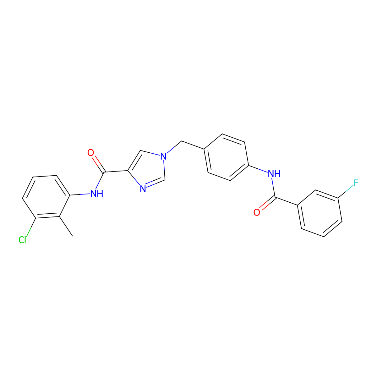 N-(3-chloro-2-methylphenyl)-1-(4-(3-fluorobenzamido)benzyl)-1H-imidazole-4-carboxamide molecular structure, CAS 1251698-63-1