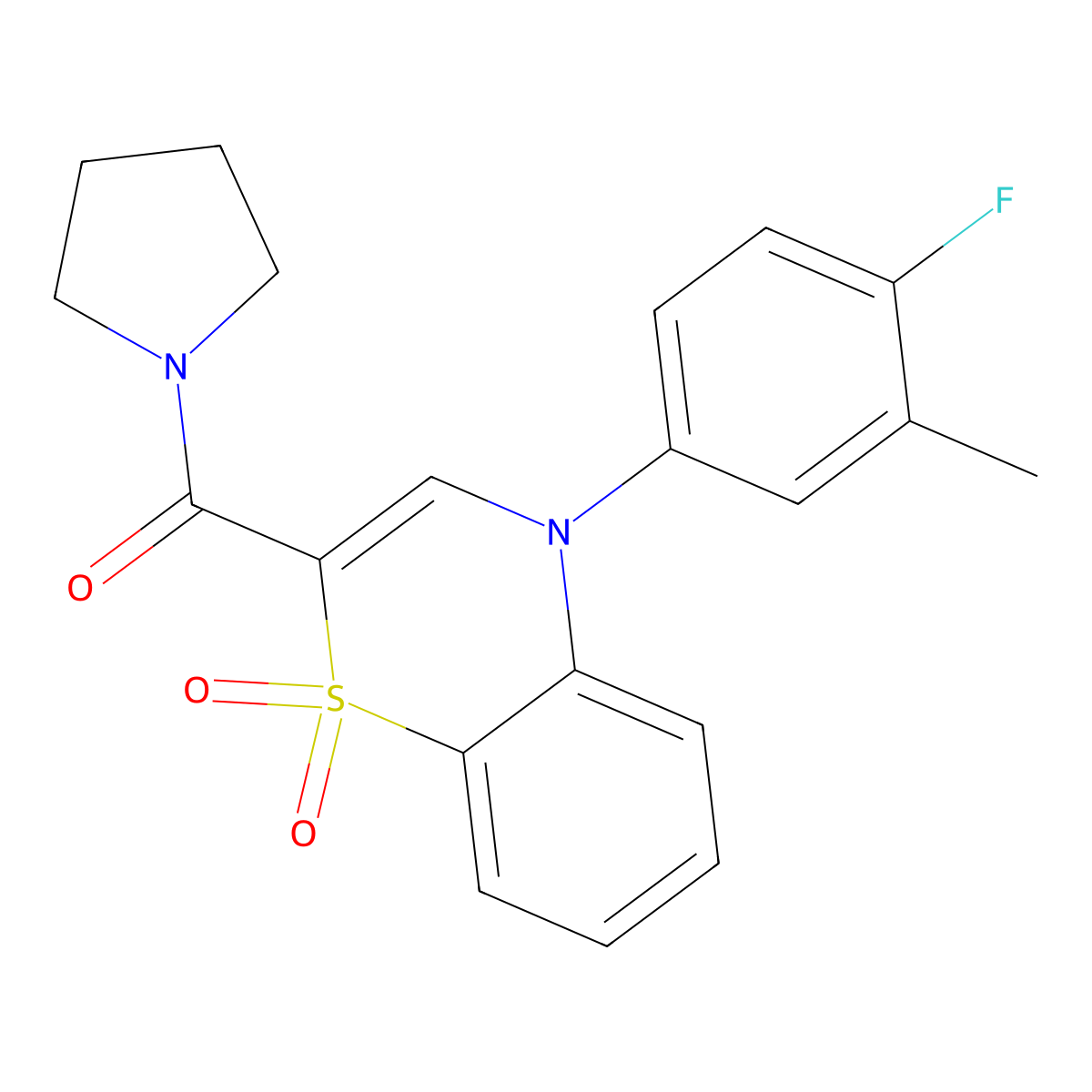 (4-(4-fluoro-3-methylphenyl)-1,1-dioxido-4H-benzo[b][1,4]thiazin-2-yl)(pyrrolidin-1-yl)methanone molecular structure, CAS 1251698-82-4