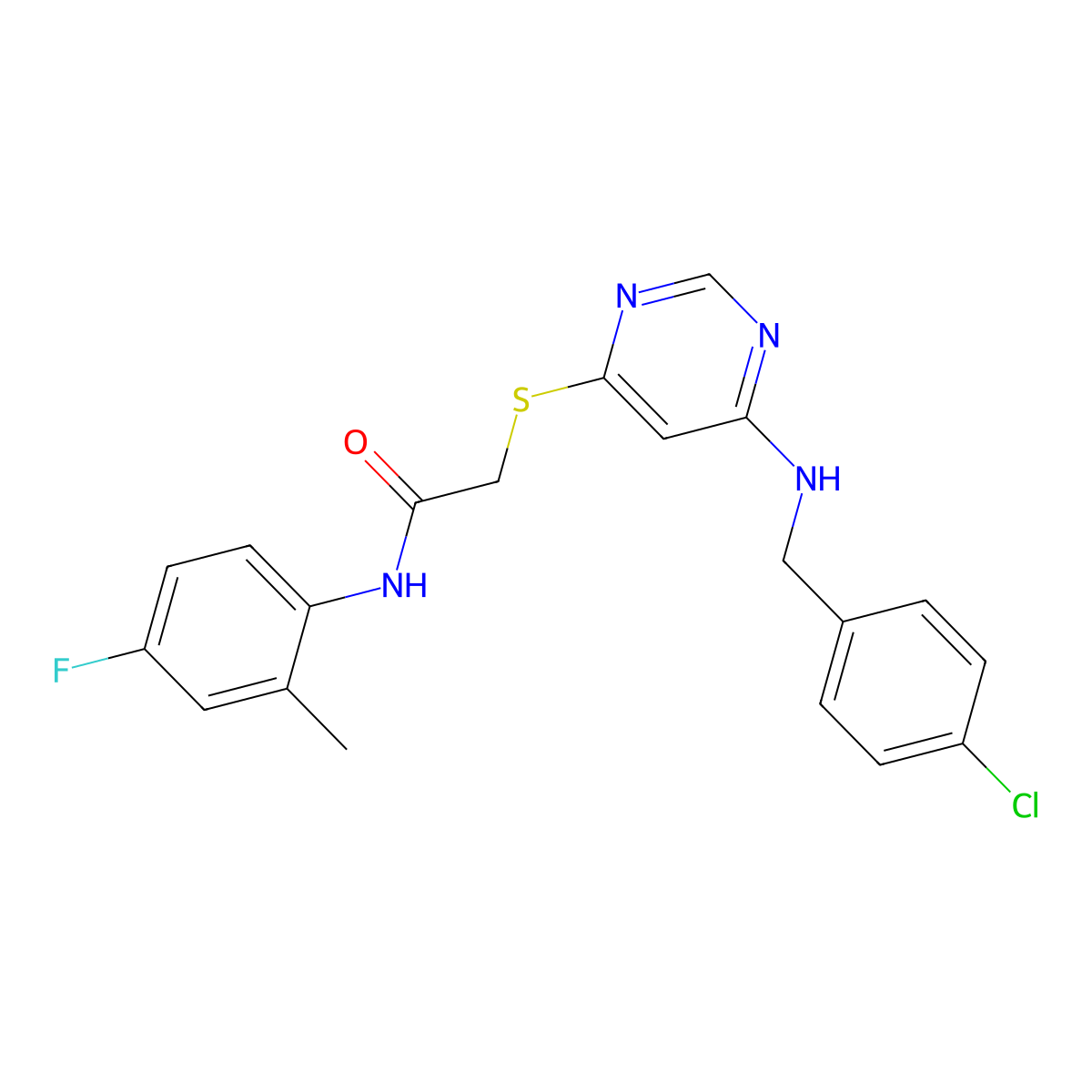 2-((6-((4-chlorobenzyl)amino)pyrimidin-4-yl)thio)-N-(4-fluoro-2-methylphenyl)acetamide molecular structure, CAS 1251698-94-8