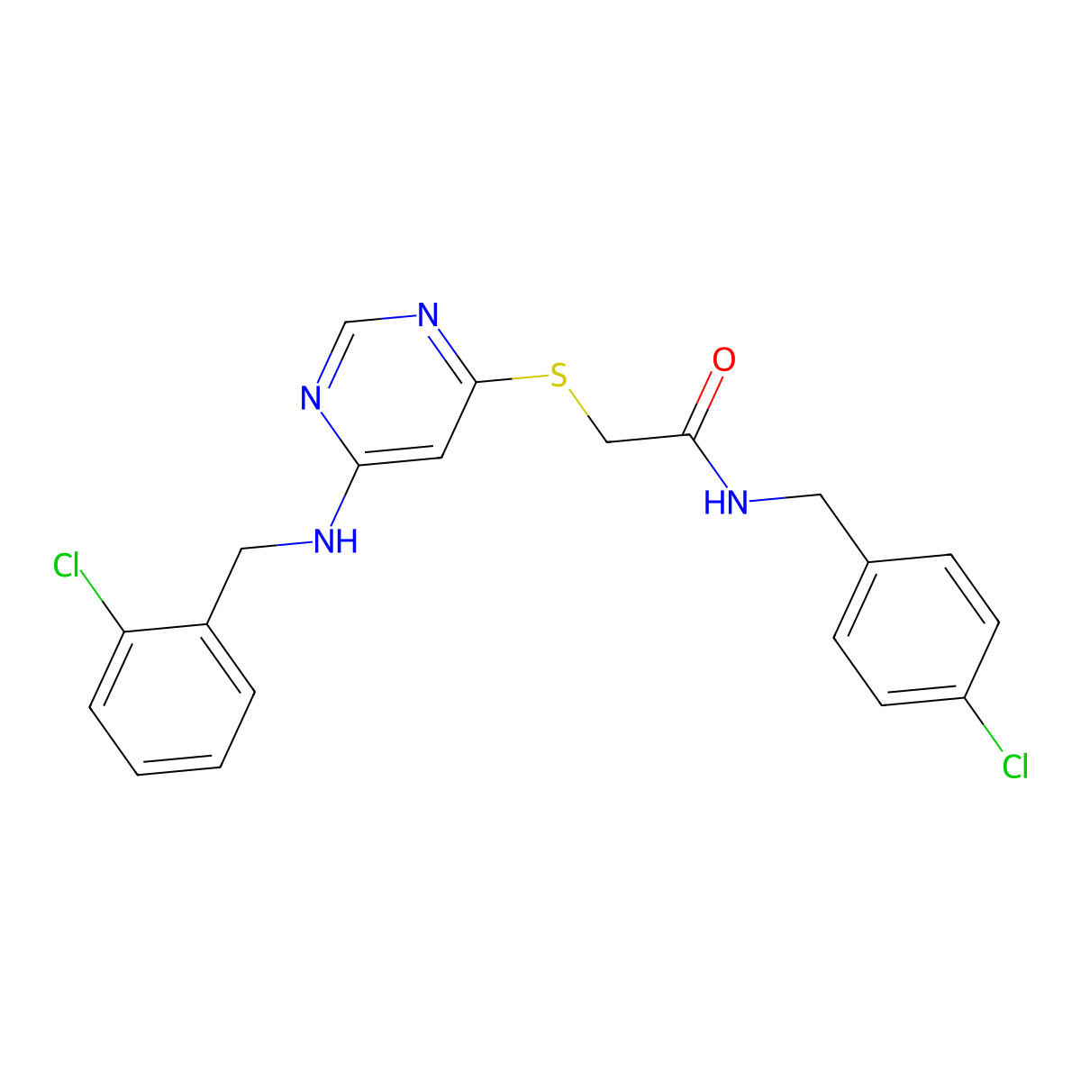 N-(4-chlorobenzyl)-2-((6-((2-chlorobenzyl)amino)pyrimidin-4-yl)thio)acetamide molecular structure, CAS 1251699-02-1