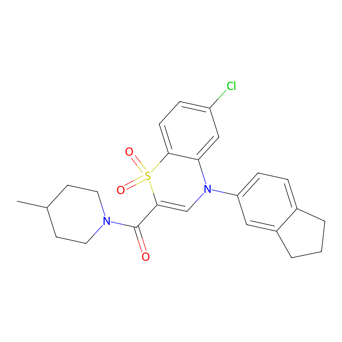 (6-chloro-4-(2,3-dihydro-1H-inden-5-yl)-1,1-dioxido-4H-benzo[b][1,4]thiazin-2-yl)(4-methylpiperidin-1-yl)methanone molecular structure, CAS 1251699-17-8