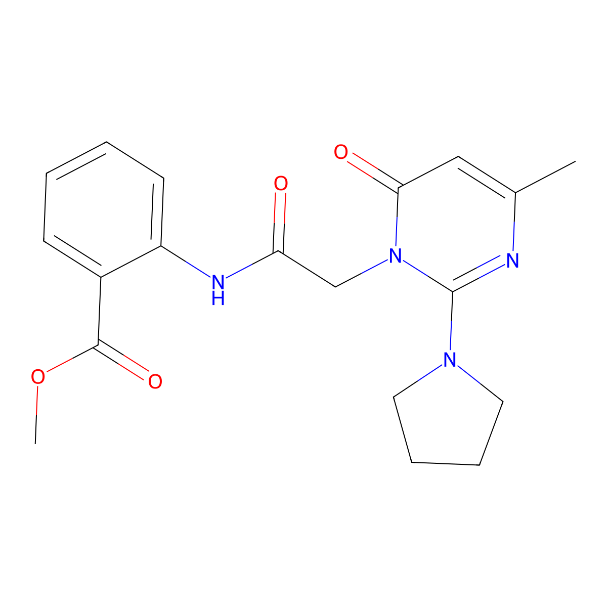 Methyl 2-{2-[4-methyl-6-oxo-2-(pyrrolidin-1-yl)-1,6-dihydropyrimidin-1-yl]acetamido}benzoate molecular structure, CAS 1251699-18-9