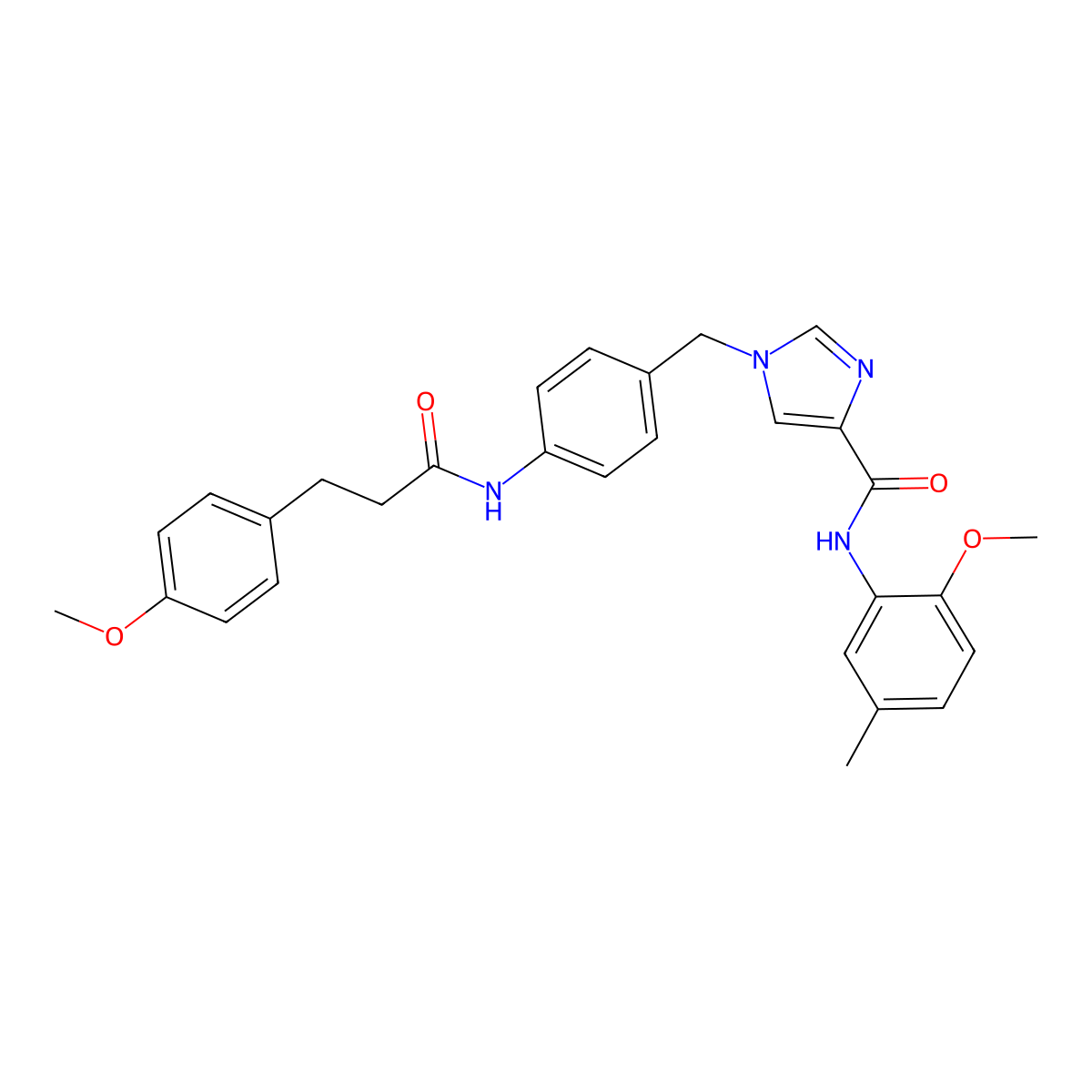 N-(2-methoxy-5-methylphenyl)-1-(4-(3-(4-methoxyphenyl)propanamido)benzyl)-1H-imidazole-4-carboxamide molecular structure, CAS 1251699-54-3