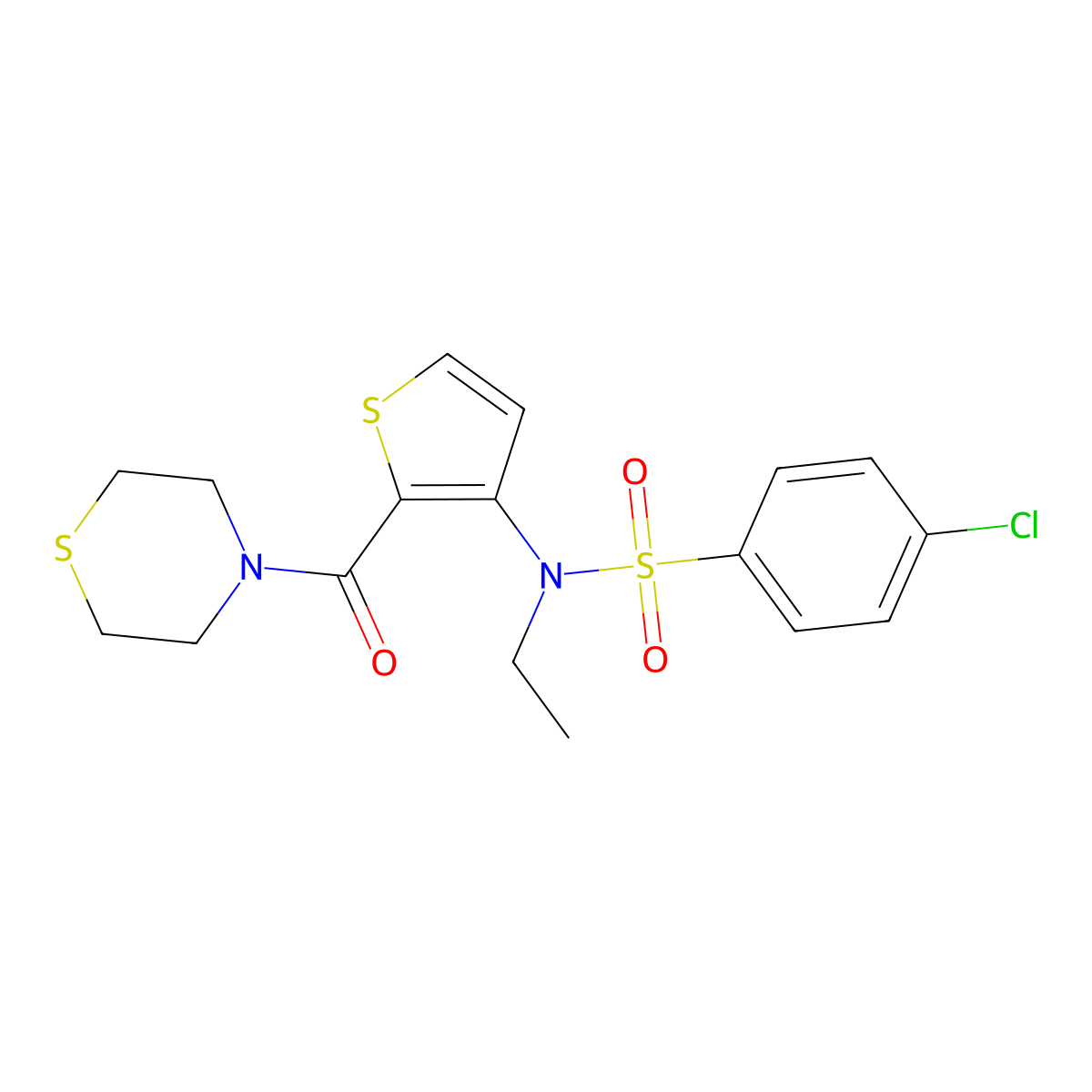 4-chloro-N-ethyl-N-[2-(thiomorpholine-4-carbonyl)thiophen-3-yl]benzene-1-sulfonamide molecular structure, CAS 1251699-57-6