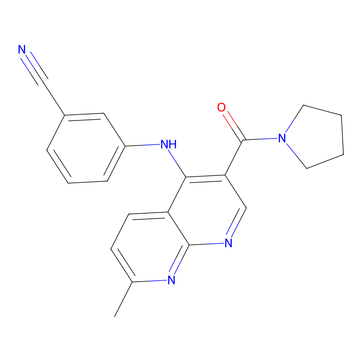3-{[7-Methyl-3-(pyrrolidine-1-carbonyl)-1,8-naphthyridin-4-yl]amino}benzonitrile molecular structure, CAS 1251702-68-7