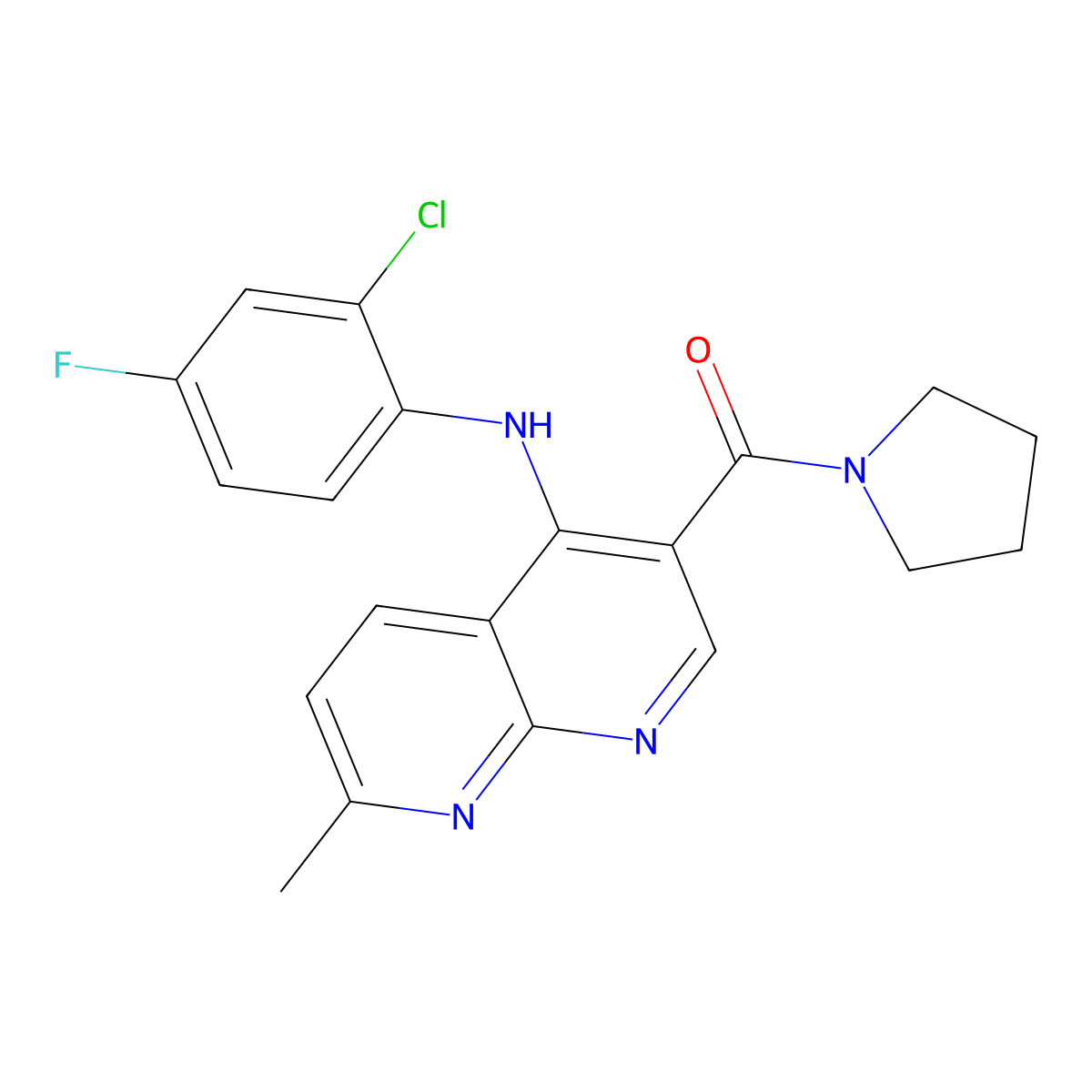 N-(2-chloro-4-fluorophenyl)-7-methyl-3-(pyrrolidin-1-ylcarbonyl)-1,8-naphthyridin-4-amine molecular structure, CAS 1251702-71-2