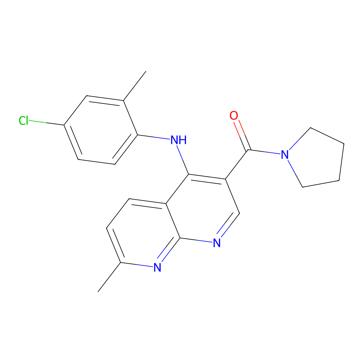 (4-((4-Chloro-2-methylphenyl)amino)-7-methyl-1,8-naphthyridin-3-yl)(pyrrolidin-1-yl)methanone molecular structure, CAS 1251702-72-3