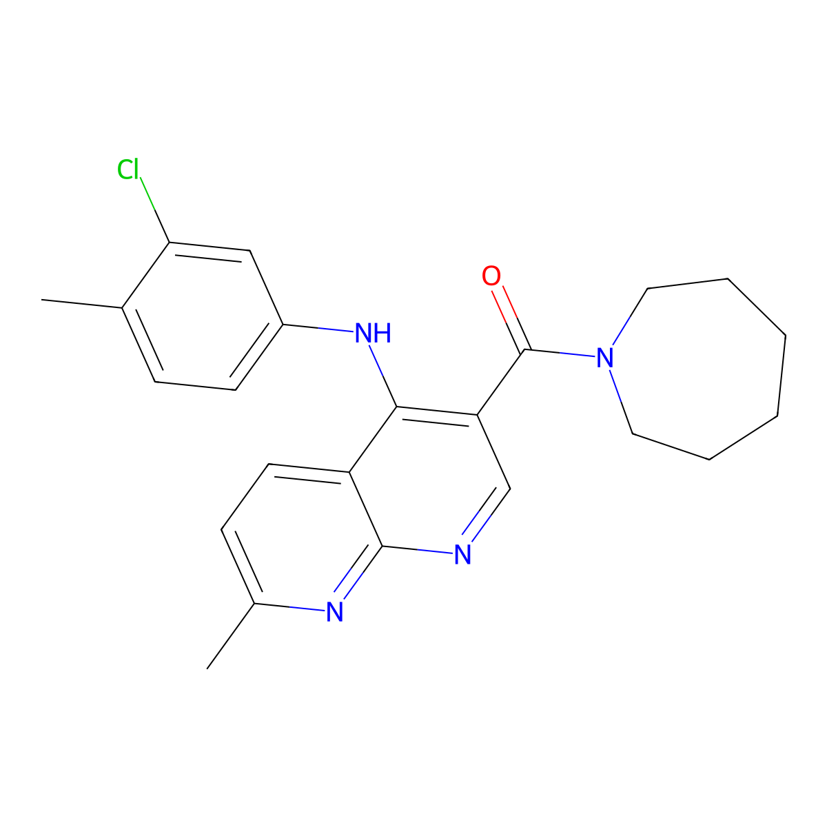 Azepan-1-yl(4-((3-chloro-4-methylphenyl)amino)-7-methyl-1,8-naphthyridin-3-yl)methanone molecular structure, CAS 1251702-75-6