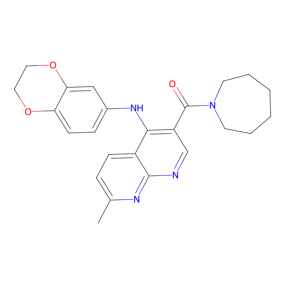 Azepan-1-yl(4-((2,3-dihydrobenzo[b][1,4]dioxin-6-yl)amino)-7-methyl-1,8-naphthyridin-3-yl)methanone molecular structure, CAS 1251702-76-7