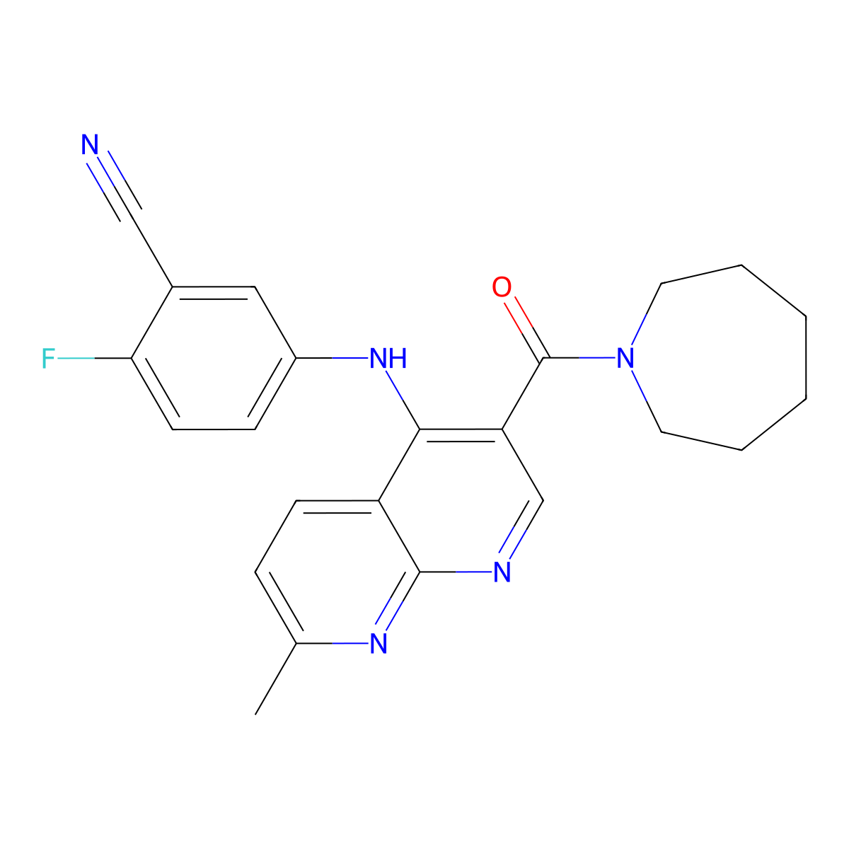 5-((3-(Azepane-1-carbonyl)-7-methyl-1,8-naphthyridin-4-yl)amino)-2-fluorobenzonitrile molecular structure, CAS 1251702-78-9