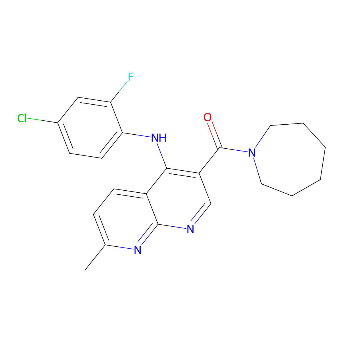 Azepan-1-yl(4-((4-chloro-2-fluorophenyl)amino)-7-methyl-1,8-naphthyridin-3-yl)methanone molecular structure, CAS 1251702-79-0