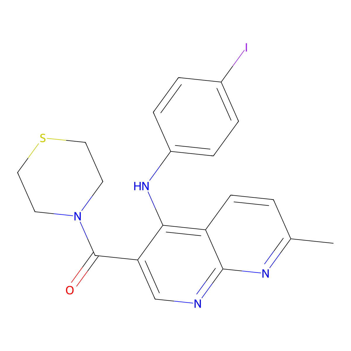 (4-((4-Iodophenyl)amino)-7-methyl-1,8-naphthyridin-3-yl)(thiomorpholino)methanone molecular structure, CAS 1251702-85-8