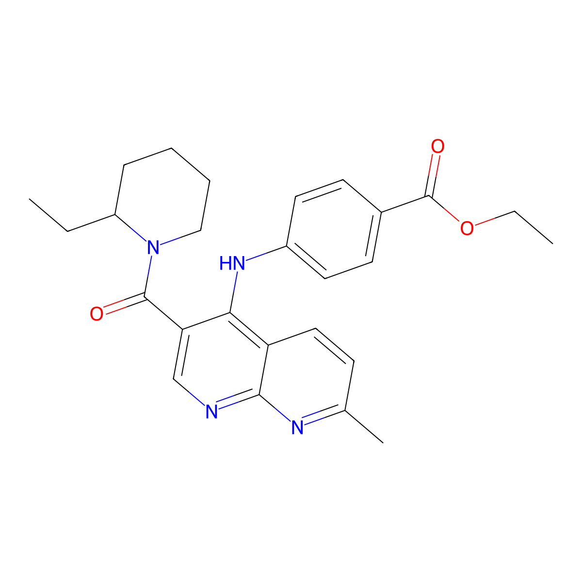 Ethyl 4-{[3-(2-ethylpiperidine-1-carbonyl)-7-methyl-1,8-naphthyridin-4-yl]amino}benzoate molecular structure, CAS 1251702-87-0