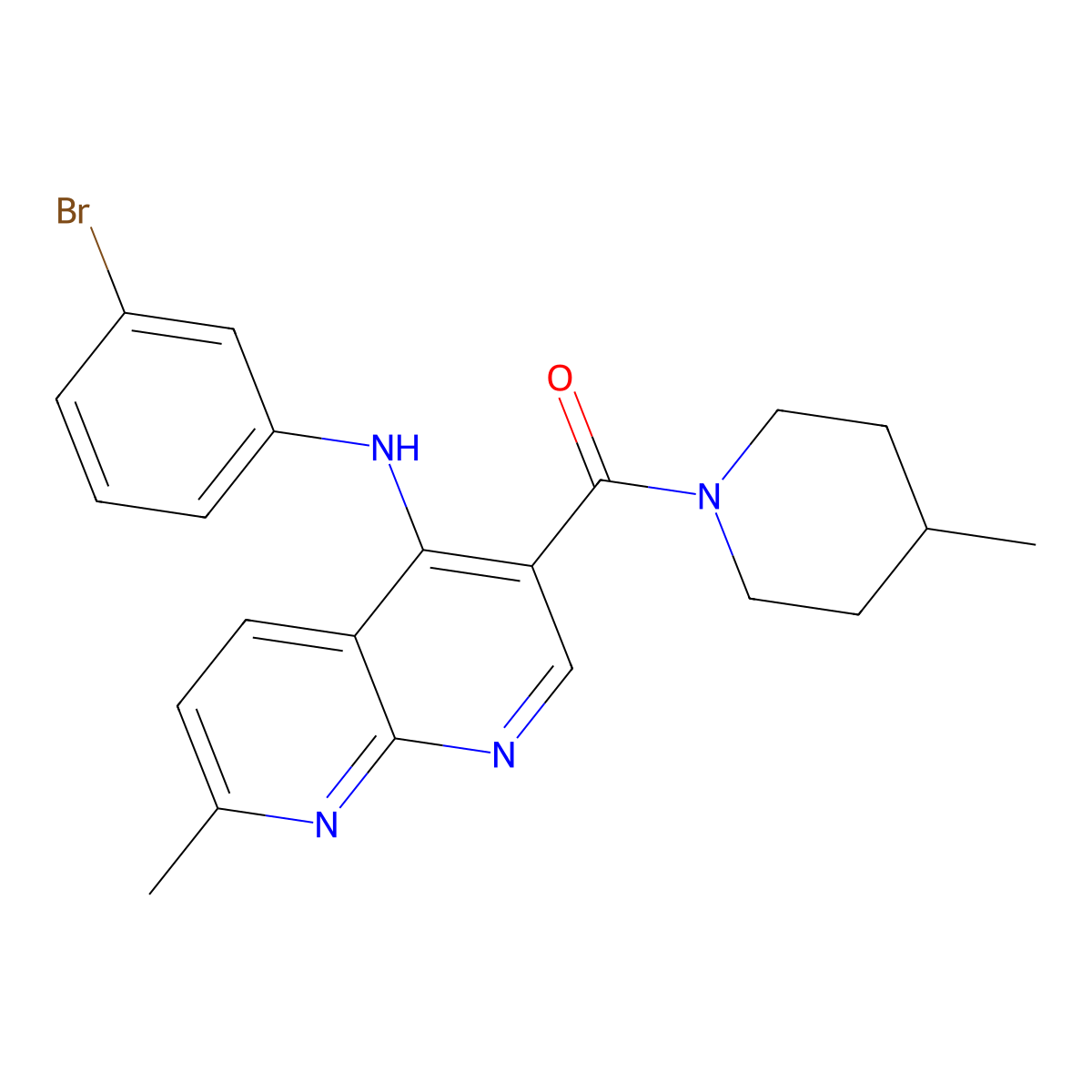N-(3-bromophenyl)-7-methyl-3-(4-methylpiperidine-1-carbonyl)-1,8-naphthyridin-4-amine molecular structure, CAS 1251702-93-8