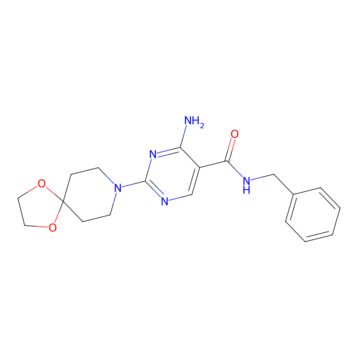4-amino-N-benzyl-2-{1,4-dioxa-8-azaspiro[4.5]decan-8-yl}pyrimidine-5-carboxamide molecular structure, CAS 1251703-38-4