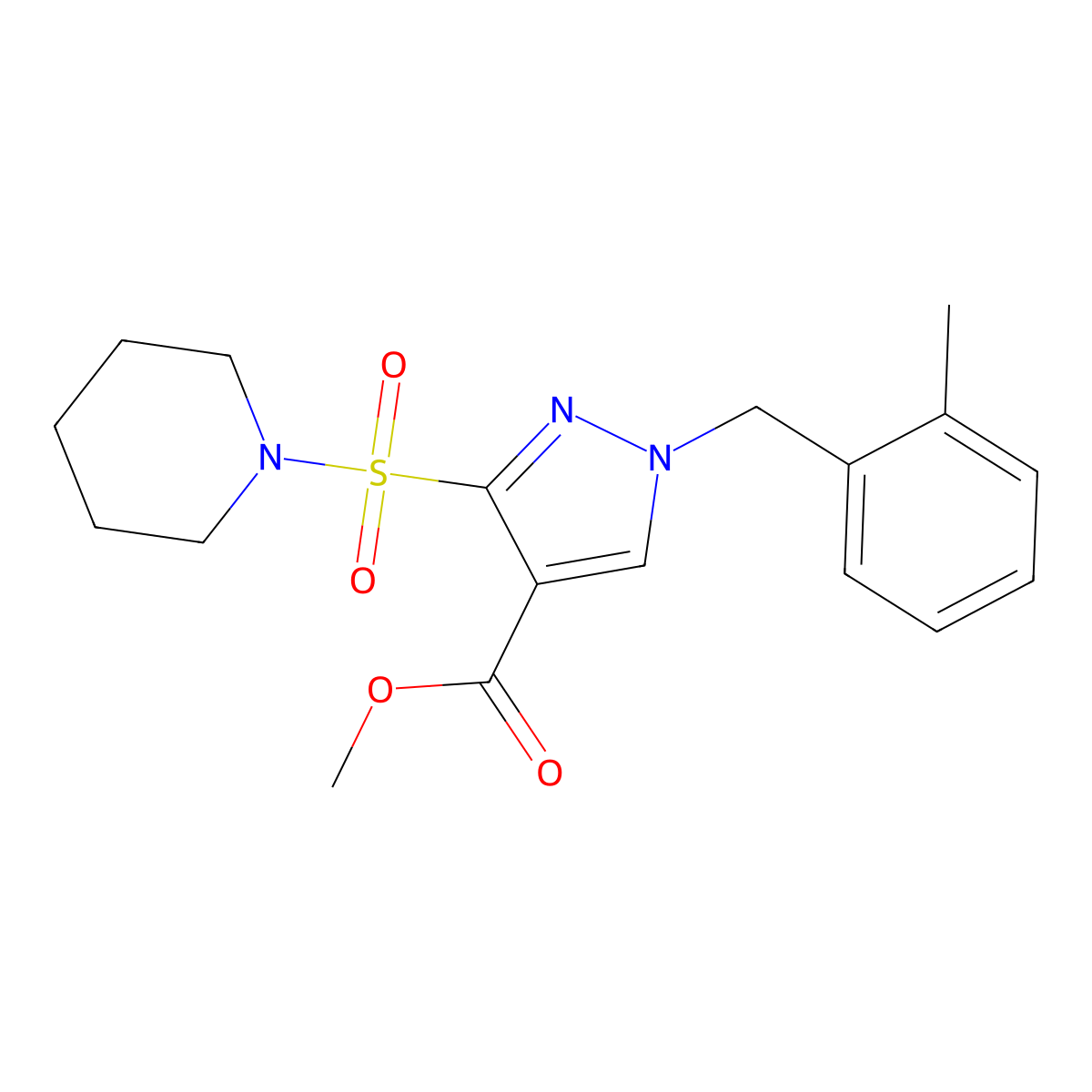 methyl 1-(2-methylbenzyl)-3-(piperidin-1-ylsulfonyl)-1H-pyrazole-4-carboxylate molecular structure, CAS 1251703-46-4