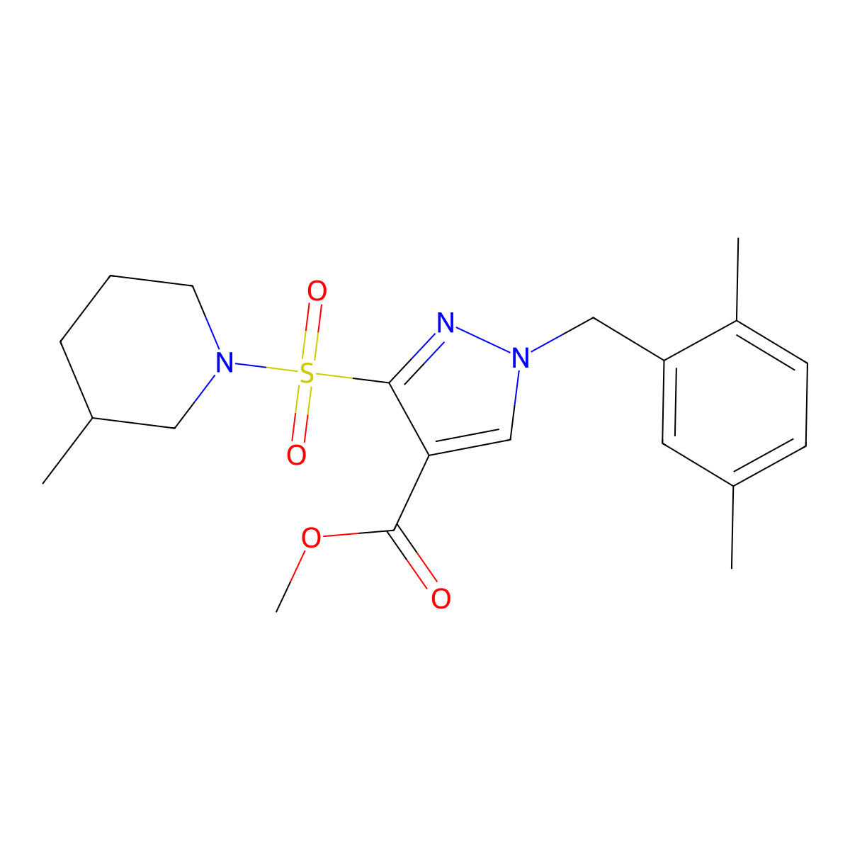 methyl 1-(2,5-dimethylbenzyl)-3-((3-methylpiperidin-1-yl)sulfonyl)-1H-pyrazole-4-carboxylate molecular structure, CAS 1251703-47-5