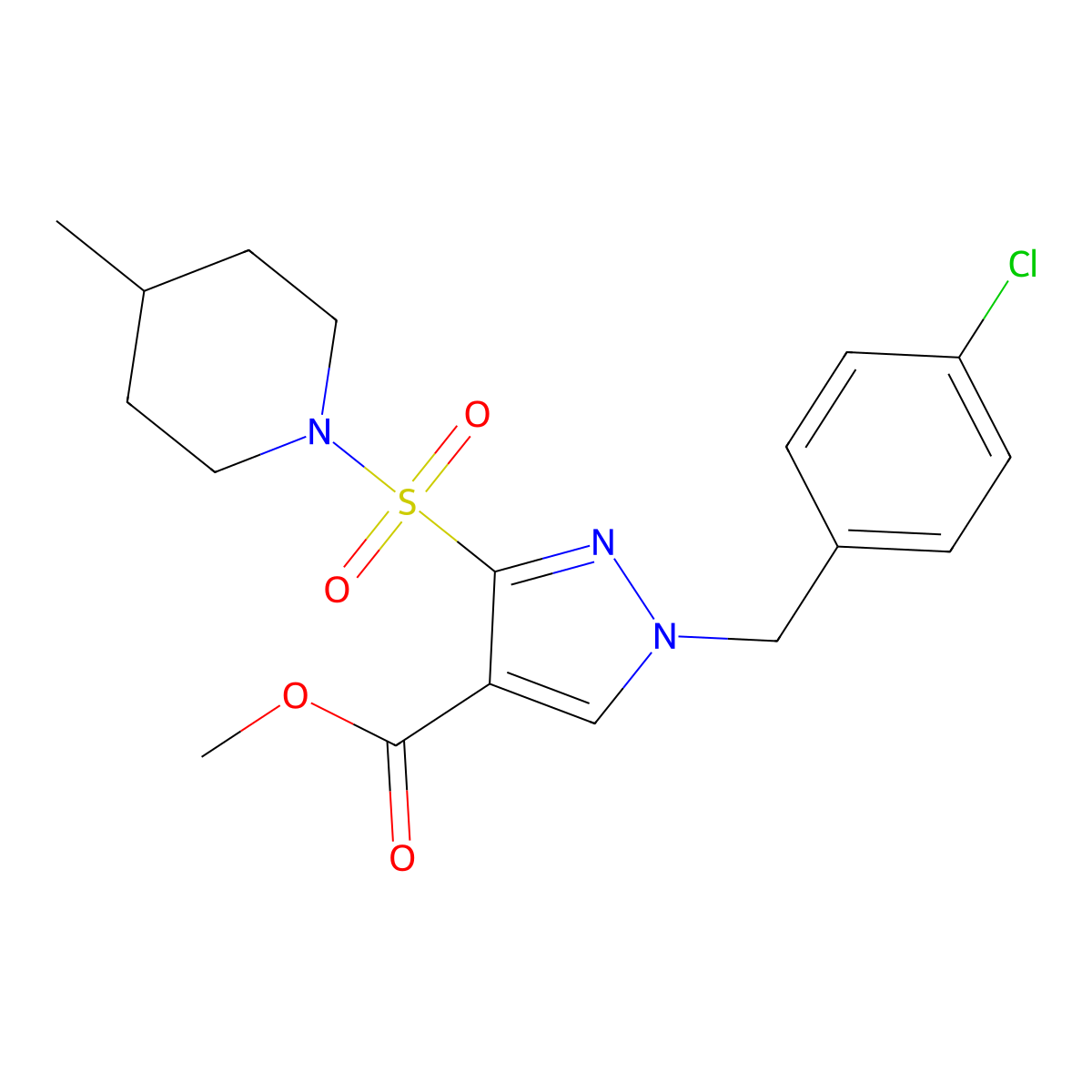 methyl 1-(4-chlorobenzyl)-3-((4-methylpiperidin-1-yl)sulfonyl)-1H-pyrazole-4-carboxylate molecular structure, CAS 1251703-48-6