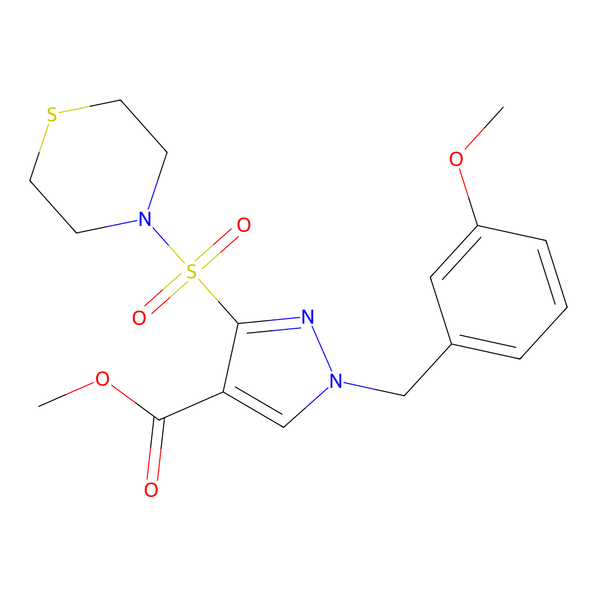 methyl 1-(3-methoxybenzyl)-3-(thiomorpholinosulfonyl)-1H-pyrazole-4-carboxylate molecular structure, CAS 1251703-49-7