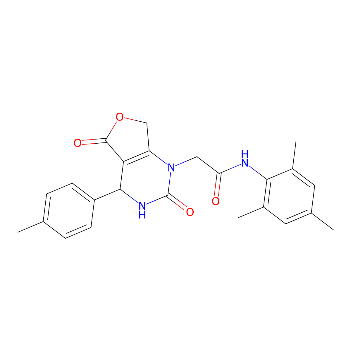 2-(2,5-dioxo-4-(p-tolyl)-3,4-dihydrofuro[3,4-d]pyrimidin-1(2H,5H,7H)-yl)-N-mesitylacetamide molecular structure, CAS 1251703-65-7