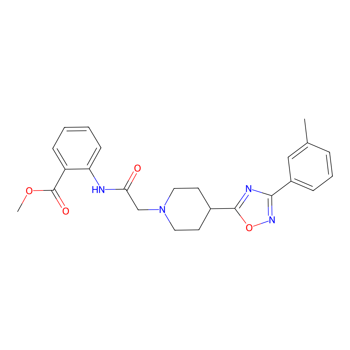 Methyl 2-(2-(4-(3-(m-tolyl)-1,2,4-oxadiazol-5-yl)piperidin-1-yl)acetamido)benzoate molecular structure, CAS 1251703-71-5