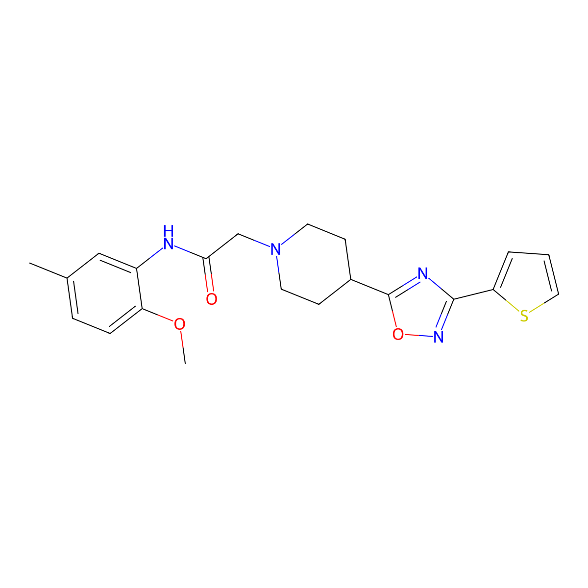 N-(2-methoxy-5-methylphenyl)-2-{4-[3-(thiophen-2-yl)-1,2,4-oxadiazol-5-yl]piperidin-1-yl}acetamide molecular structure, CAS 1251703-77-1