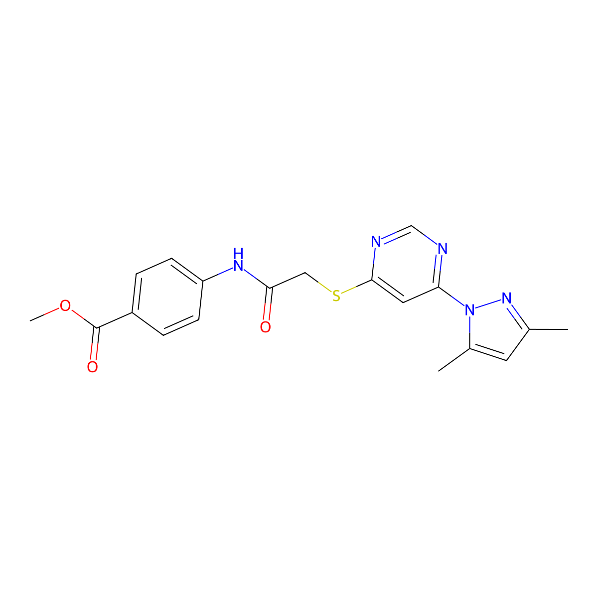 methyl 4-(2-((6-(3,5-dimethyl-1H-pyrazol-1-yl)pyrimidin-4-yl)thio)acetamido)benzoate molecular structure, CAS 1251703-90-8