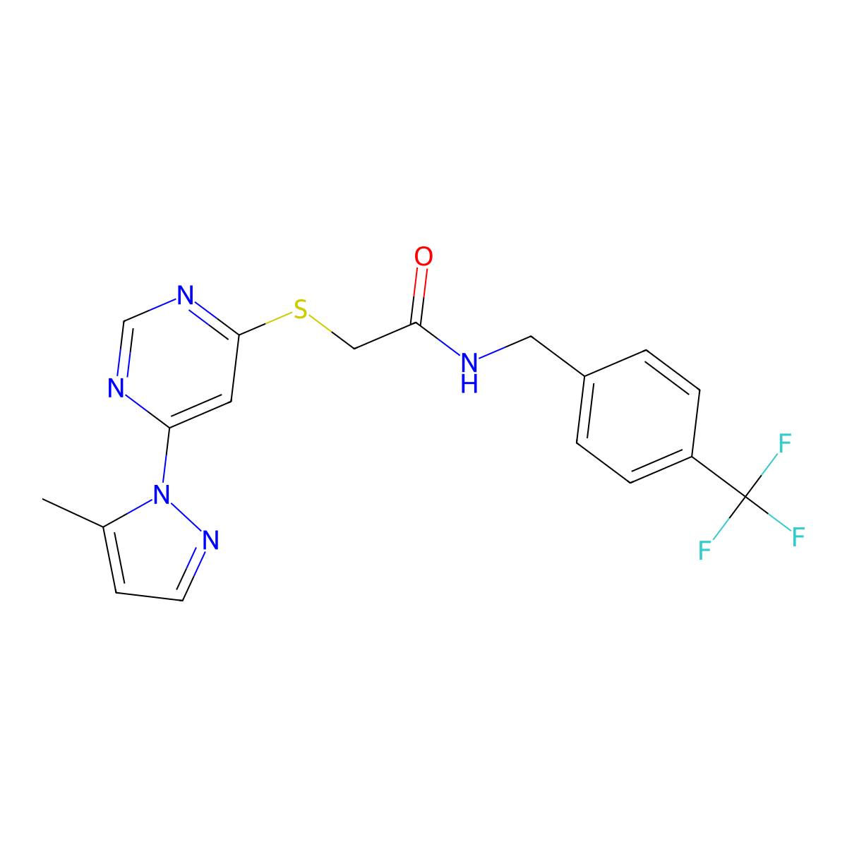 2-((6-(5-methyl-1H-pyrazol-1-yl)pyrimidin-4-yl)thio)-N-(4-(trifluoromethyl)benzyl)acetamide molecular structure, CAS 1251703-94-2