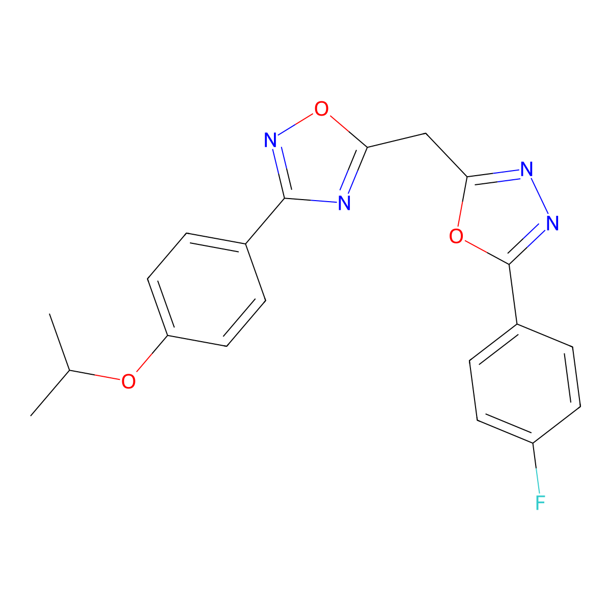 5-((5-(4-Fluorophenyl)-1,3,4-oxadiazol-2-yl)methyl)-3-(4-isopropoxyphenyl)-1,2,4-oxadiazole molecular structure, CAS 1251704-14-9