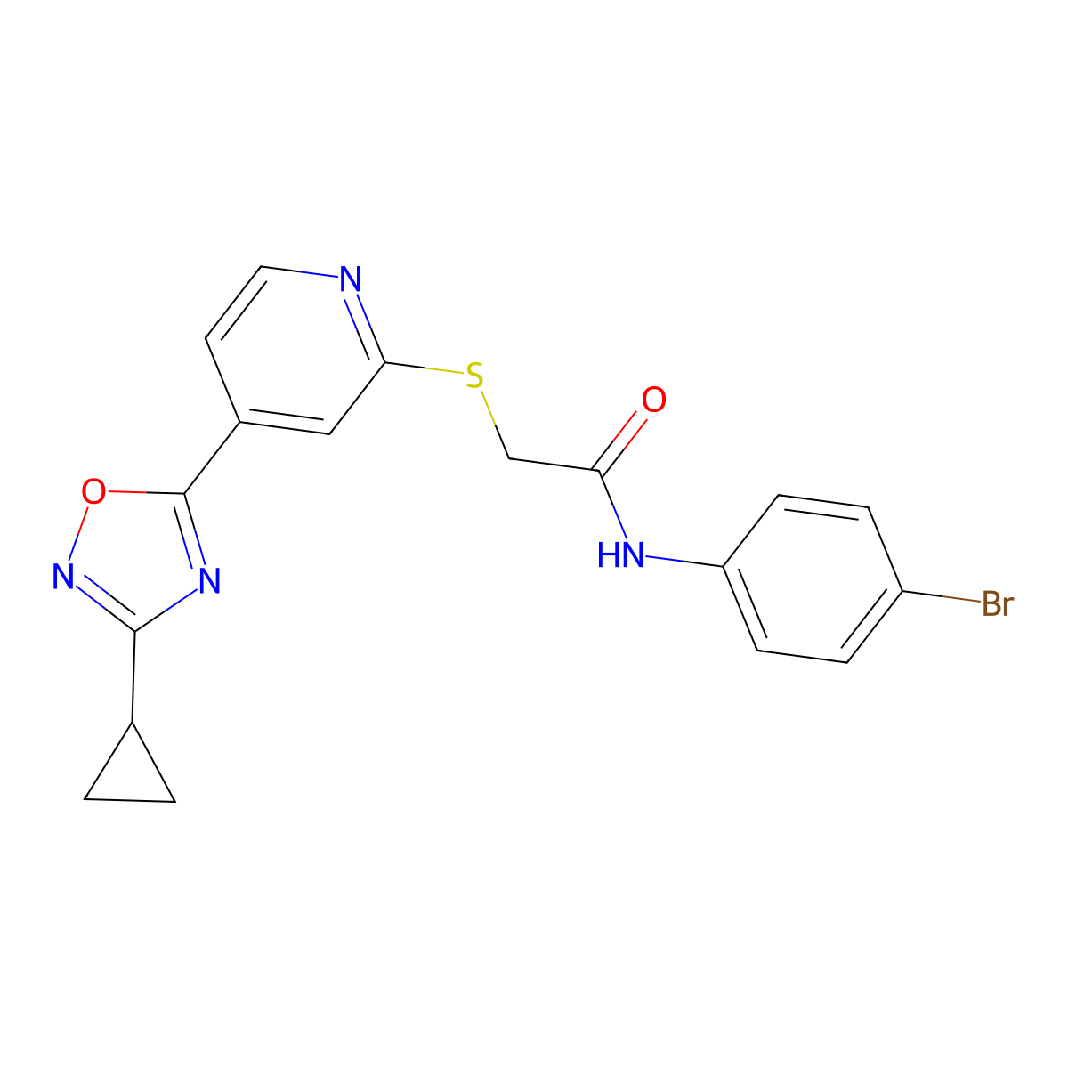 N-(4-bromophenyl)-2-((4-(3-cyclopropyl-1,2,4-oxadiazol-5-yl)pyridin-2-yl)thio)acetamide molecular structure, CAS 1251704-20-7
