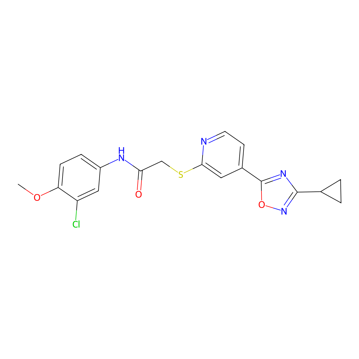 N-(3-chloro-4-methoxyphenyl)-2-((4-(3-cyclopropyl-1,2,4-oxadiazol-5-yl)pyridin-2-yl)thio)acetamide molecular structure, CAS 1251704-21-8