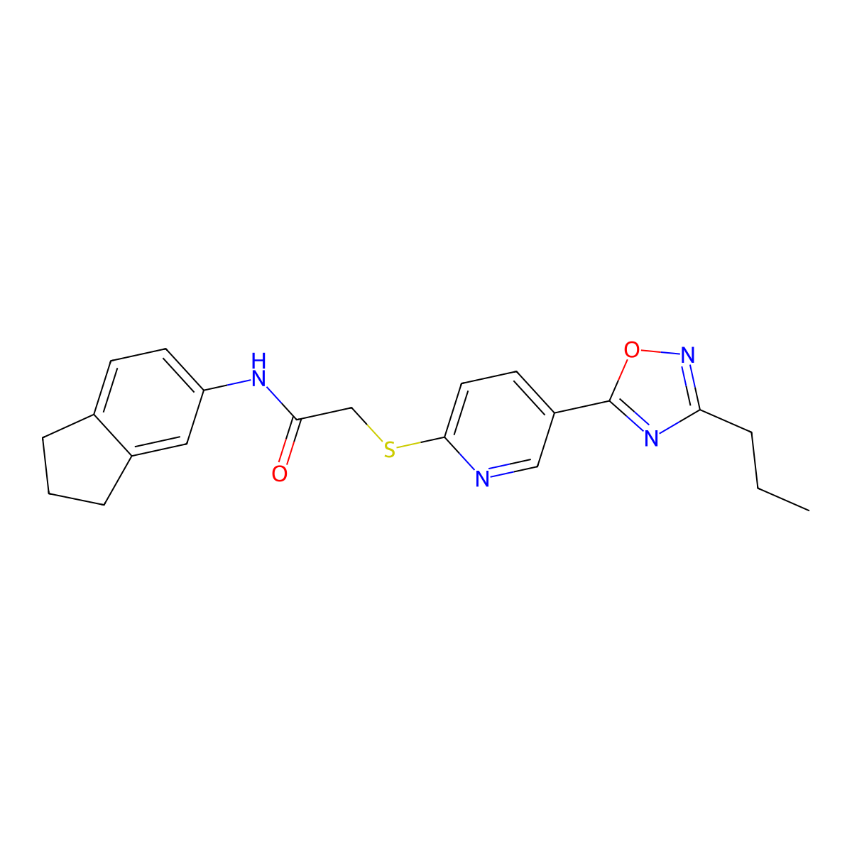 N-(2,3-dihydro-1H-inden-5-yl)-2-((5-(3-propyl-1,2,4-oxadiazol-5-yl)pyridin-2-yl)thio)acetamide molecular structure, CAS 1251704-24-1