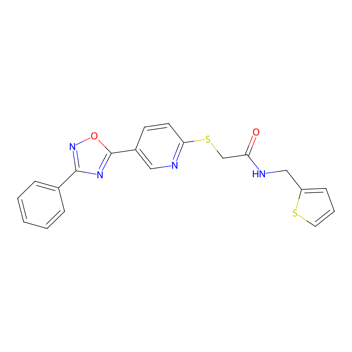 2-((5-(3-phenyl-1,2,4-oxadiazol-5-yl)pyridin-2-yl)thio)-N-(thiophen-2-ylmethyl)acetamide molecular structure, CAS 1251704-26-3