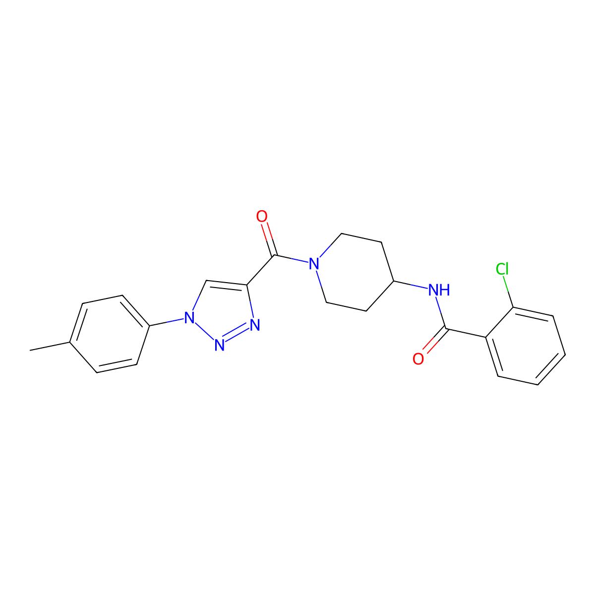 2-chloro-N-(1-(1-(p-tolyl)-1H-1,2,3-triazole-4-carbonyl)piperidin-4-yl)benzamide molecular structure, CAS 1251704-52-5
