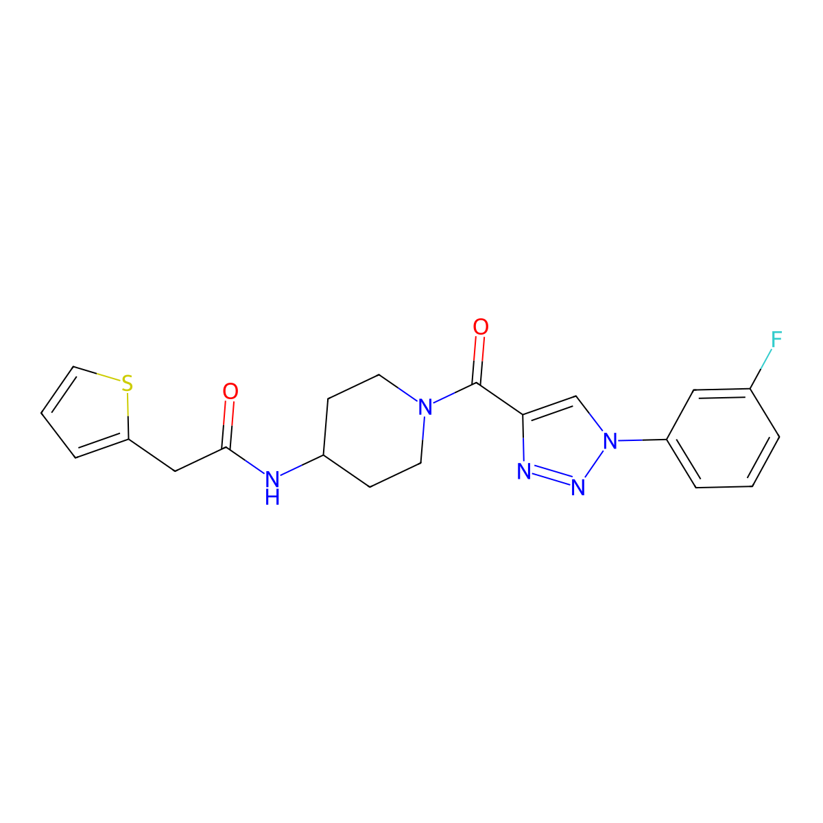 N-(1-(1-(3-fluorophenyl)-1H-1,2,3-triazole-4-carbonyl)piperidin-4-yl)-2-(thiophen-2-yl)acetamide molecular structure, CAS 1251704-53-6
