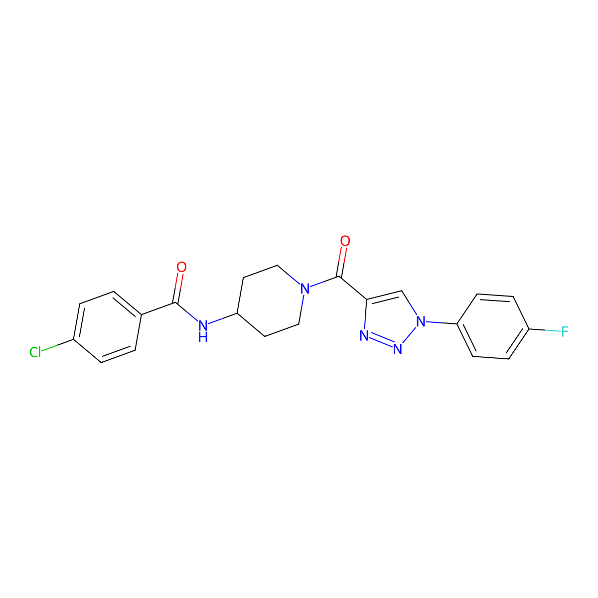 4-chloro-N-(1-(1-(4-fluorophenyl)-1H-1,2,3-triazole-4-carbonyl)piperidin-4-yl)benzamide molecular structure, CAS 1251704-54-7