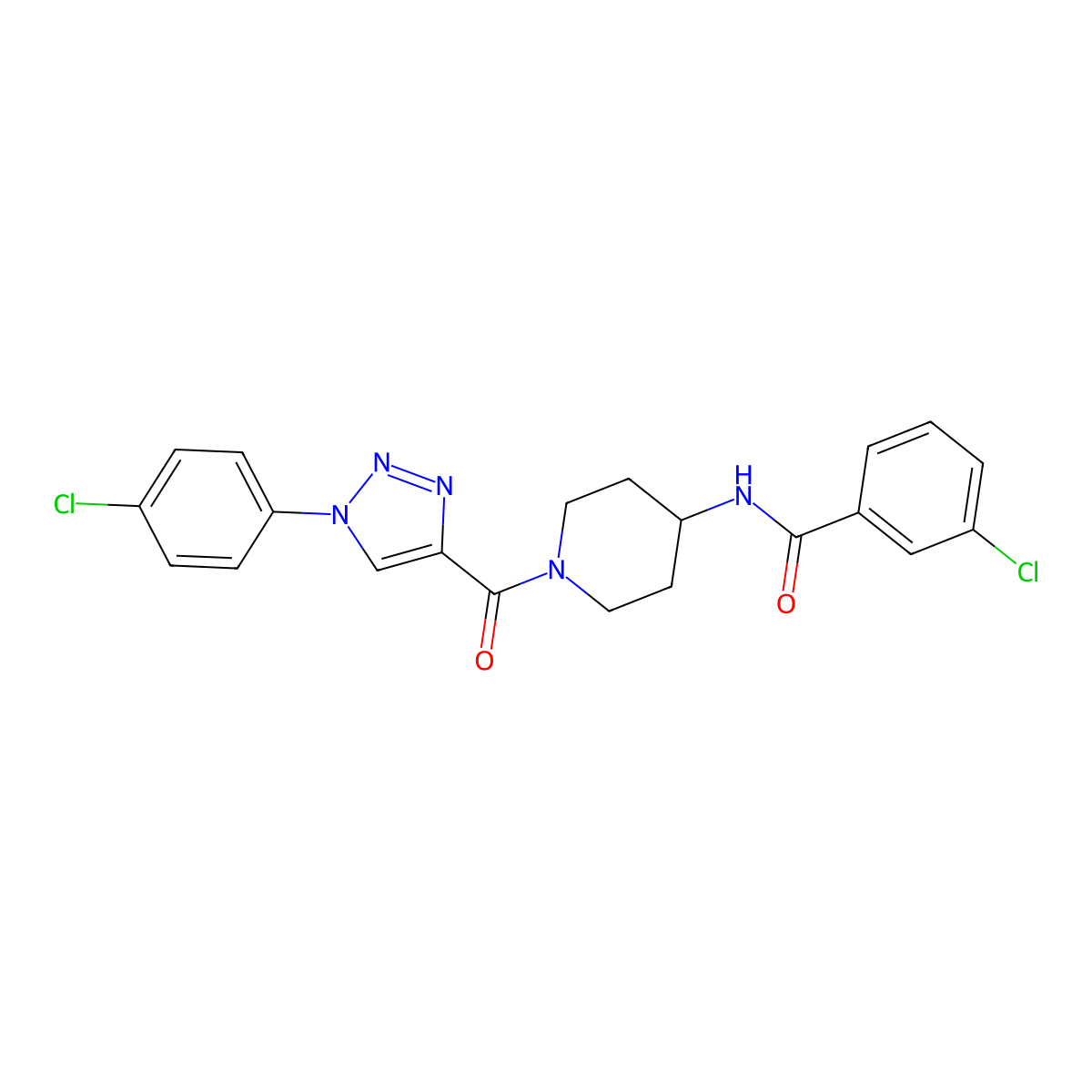 3-chloro-N-(1-(1-(4-chlorophenyl)-1H-1,2,3-triazole-4-carbonyl)piperidin-4-yl)benzamide molecular structure, CAS 1251704-58-1