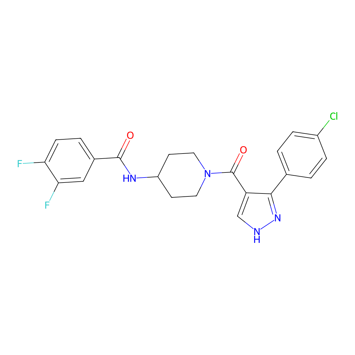 N-(1-(3-(4-chlorophenyl)-1H-pyrazole-4-carbonyl)piperidin-4-yl)-3,4-difluorobenzamide molecular structure, CAS 1251704-62-7