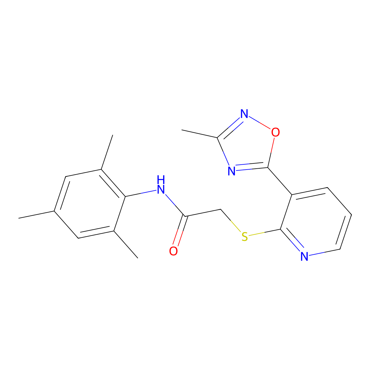 N-mesityl-2-((3-(3-methyl-1,2,4-oxadiazol-5-yl)pyridin-2-yl)thio)acetamide molecular structure, CAS 1251704-64-9