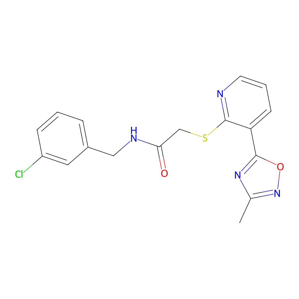 N-(3-chlorobenzyl)-2-((3-(3-methyl-1,2,4-oxadiazol-5-yl)pyridin-2-yl)thio)acetamide molecular structure, CAS 1251704-65-0