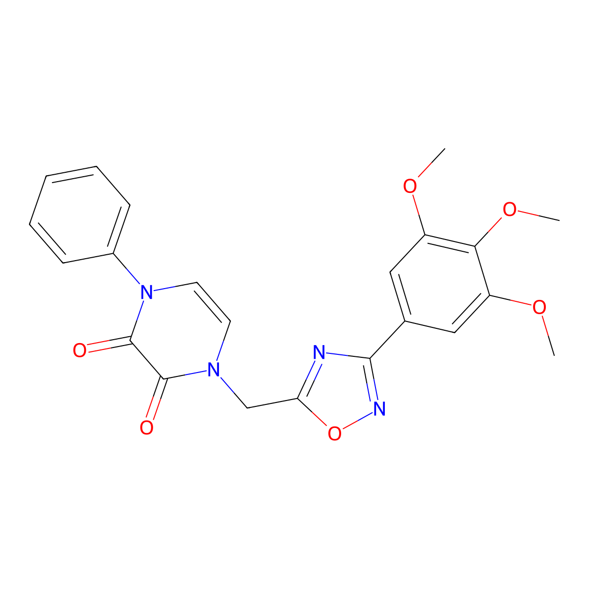 1-phenyl-4-((3-(3,4,5-trimethoxyphenyl)-1,2,4-oxadiazol-5-yl)methyl)pyrazine-2,3(1H,4H)-dione molecular structure, CAS 1251704-83-2