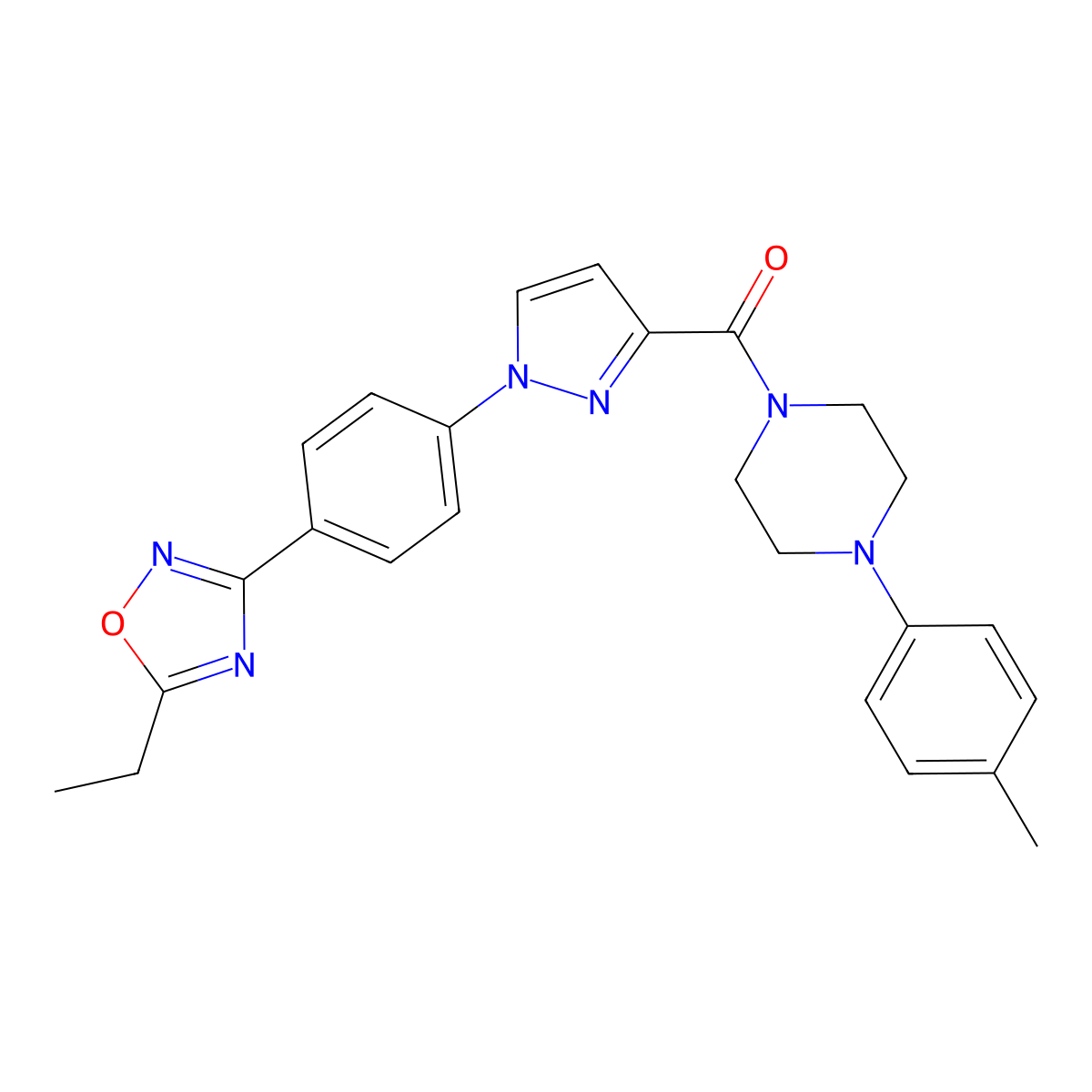 (1-(4-(5-ethyl-1,2,4-oxadiazol-3-yl)phenyl)-1H-pyrazol-3-yl)(4-(p-tolyl)piperazin-1-yl)methanone molecular structure, CAS 1251705-08-4