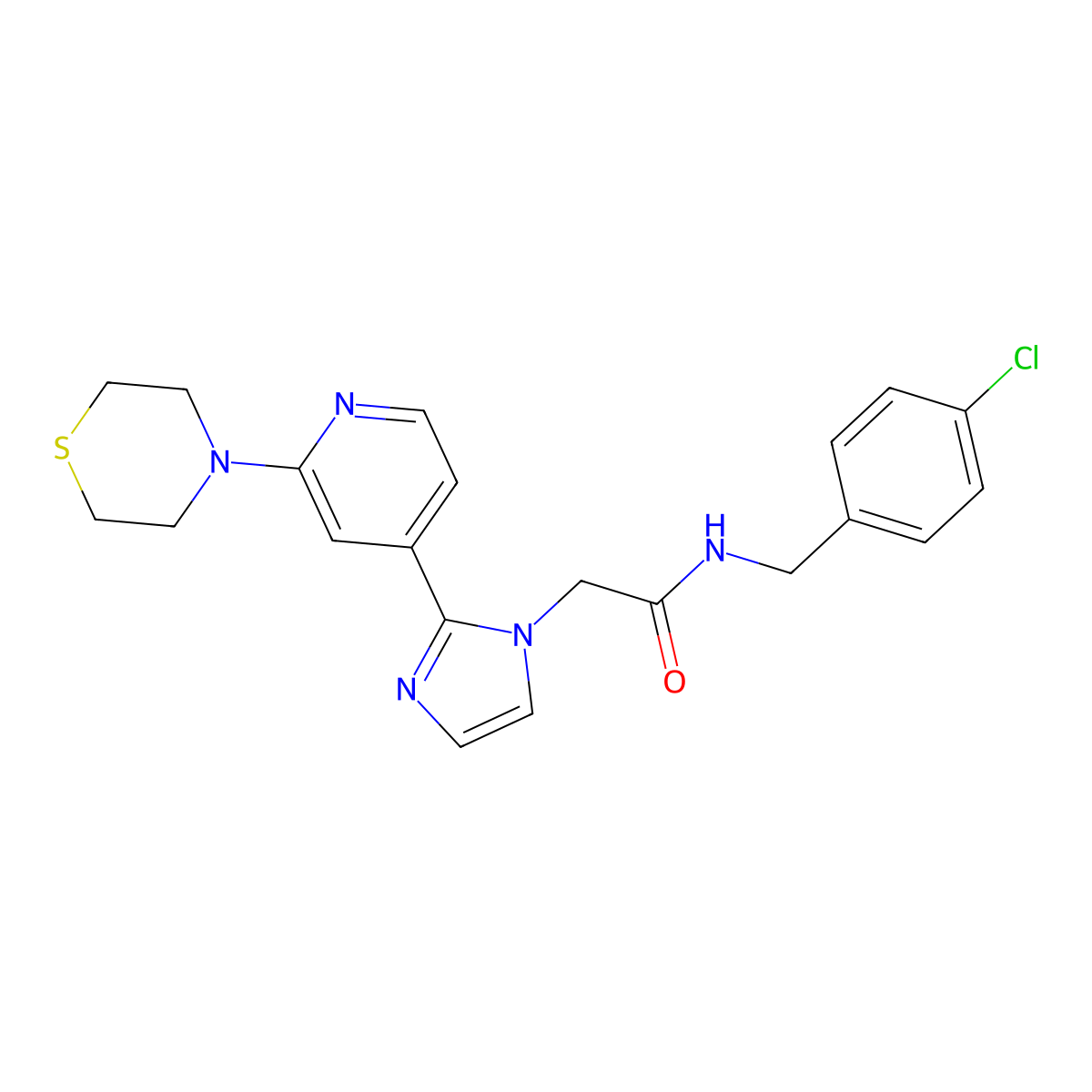 N-[(4-chlorophenyl)methyl]-2-{2-[2-(thiomorpholin-4-yl)pyridin-4-yl]-1H-imidazol-1-yl}acetamide molecular structure, CAS 1251705-35-7