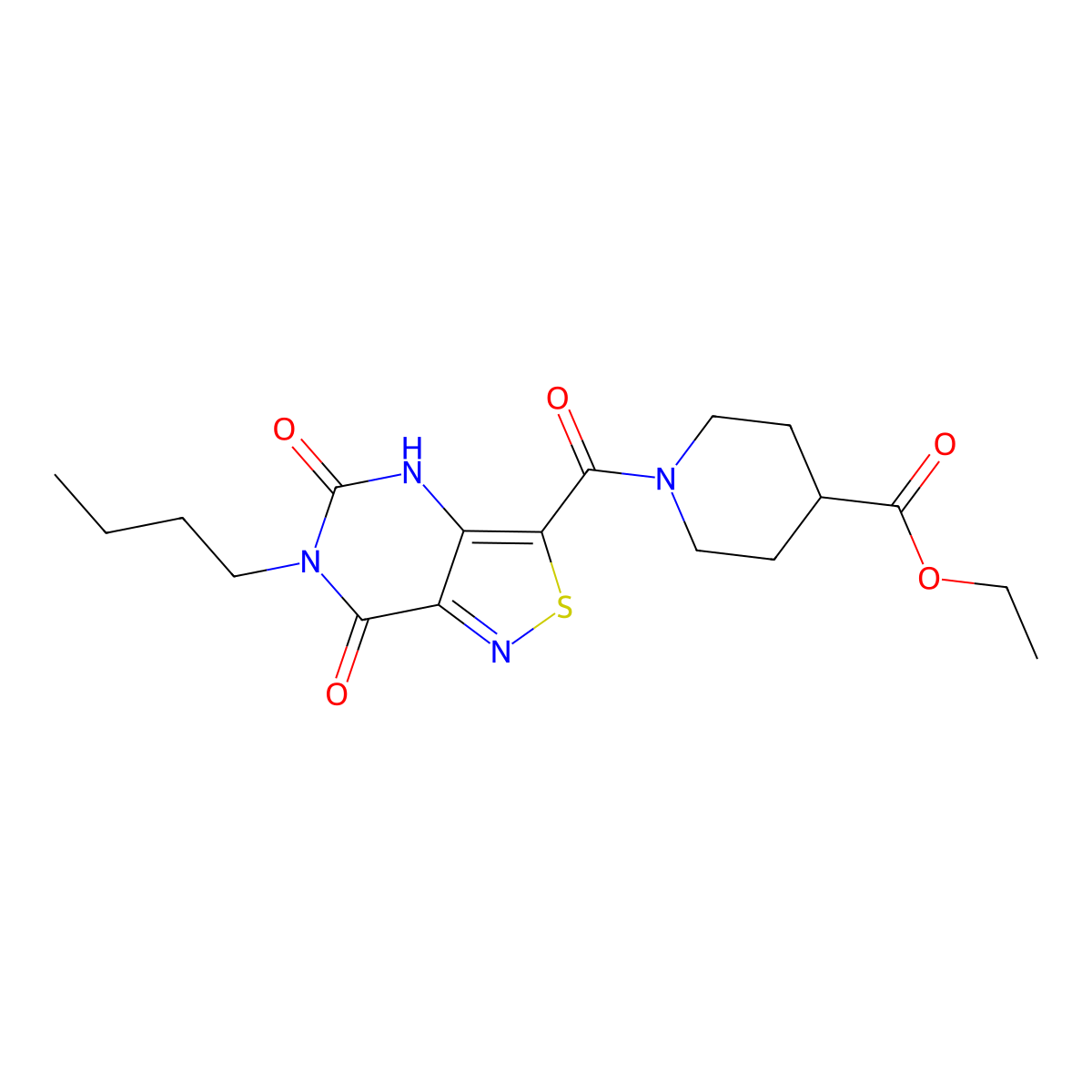 Ethyl 1-(6-butyl-5,7-dioxo-4,5,6,7-tetrahydroisothiazolo[4,3-d]pyrimidine-3-carbonyl)piperidine-4-carboxylate molecular structure, CAS 1251705-41-5