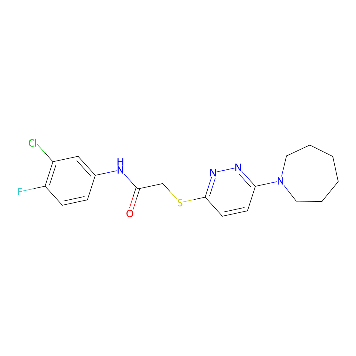 2-((6-(azepan-1-yl)pyridazin-3-yl)thio)-N-(3-chloro-4-fluorophenyl)acetamide molecular structure, CAS 1251705-60-8